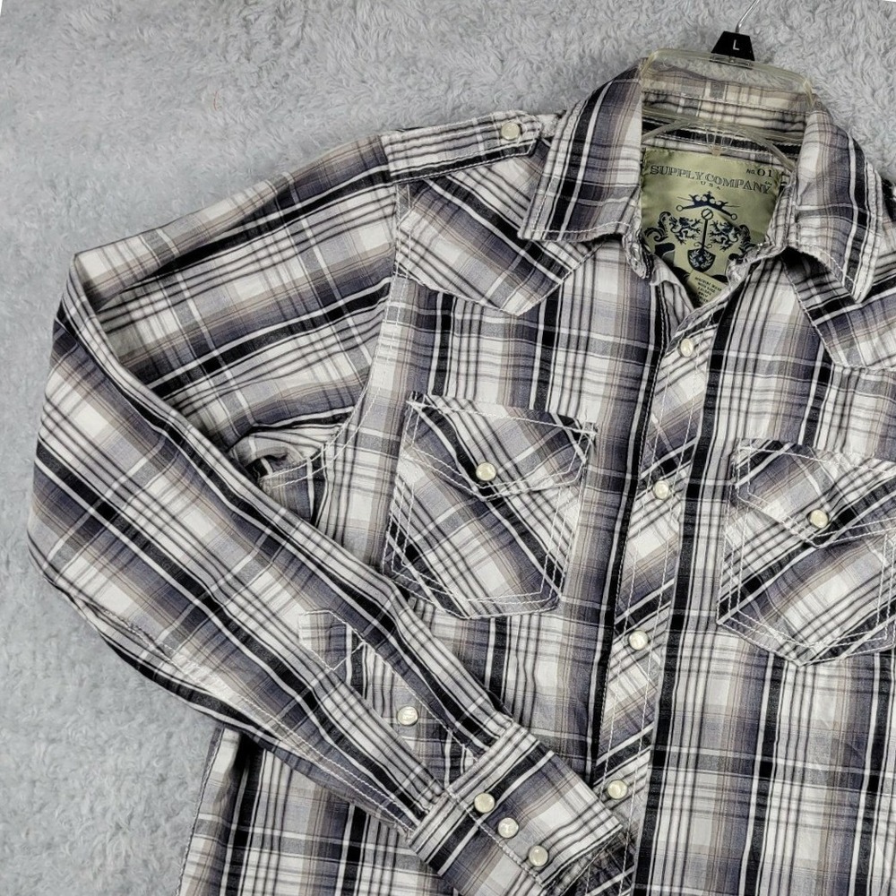 Supply Company USA Plaid Western Shirt Mens Small Grey Black Pearl Snap Button